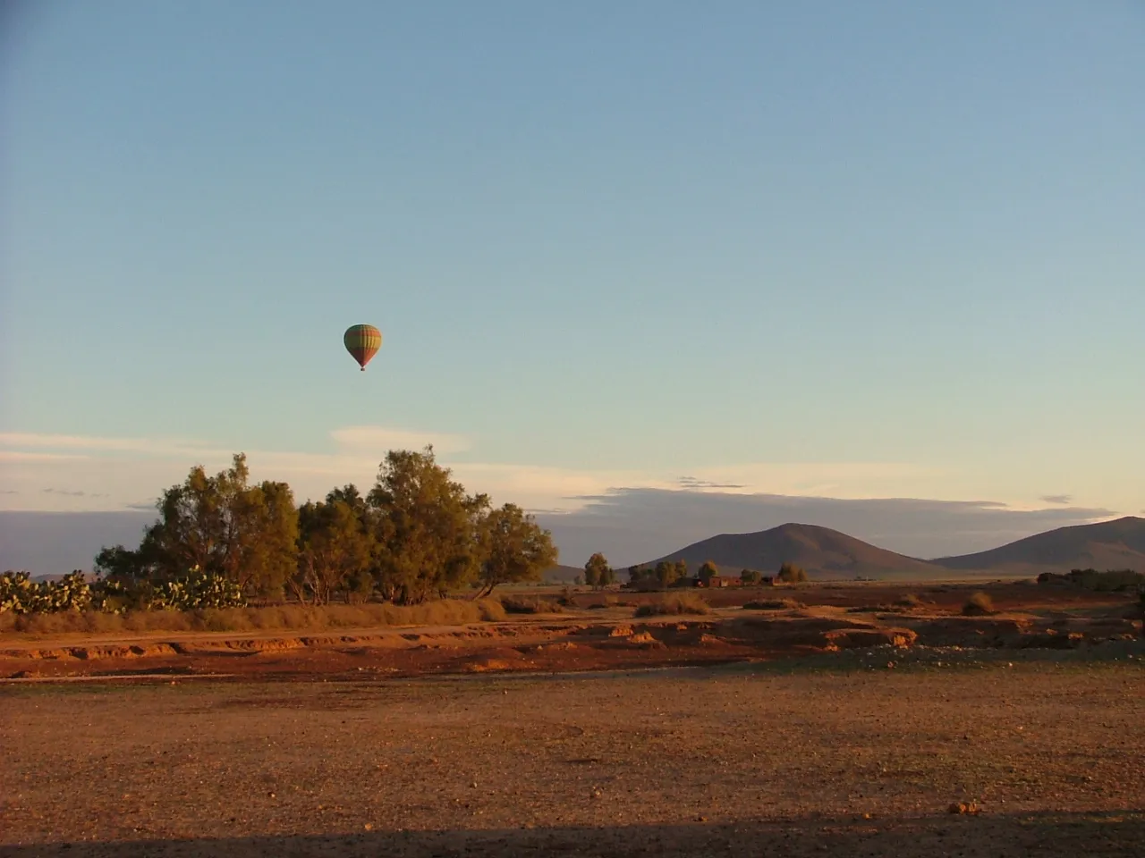 Hot air balloon rising at dawn over the countryside near Marrakech