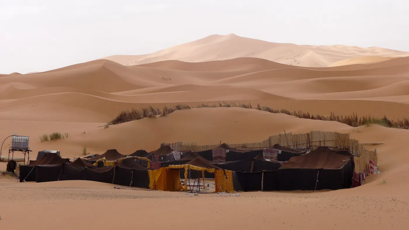 Desert camp tents at the foot of the Erg Chebbi dunes near Merzouga in the soft morning light, Morocco