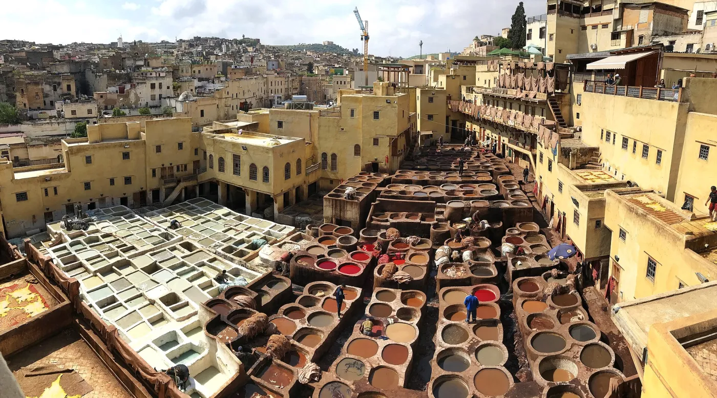 Stone vats of white, ochre and brown dye at the Chouara tannery in Fes seen from a leather-shop terrace