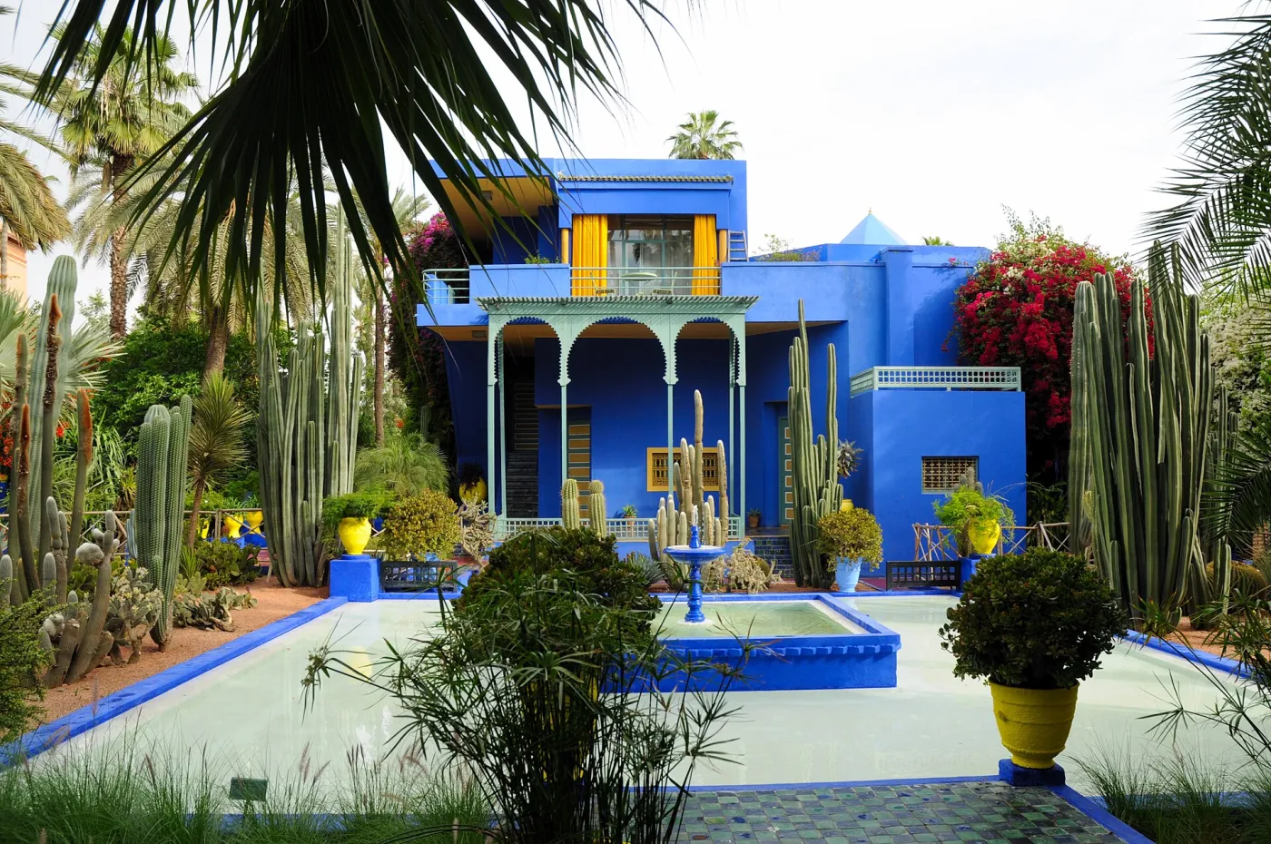 Cobalt-blue Majorelle villa with lemon-yellow pots, cacti and bamboo in the Jardin Majorelle garden, Marrakech