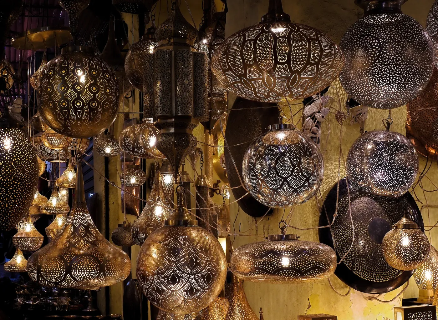 Hanging metal lanterns in the Souk Haddadine, Marrakech medina
