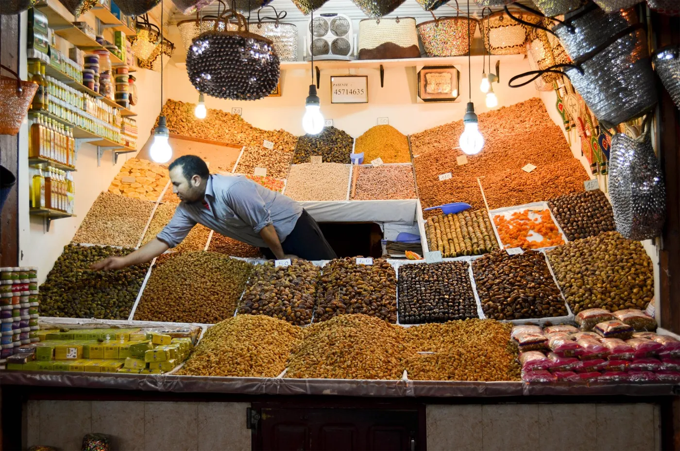 Fruit and dried fruit stall in a Marrakech souk