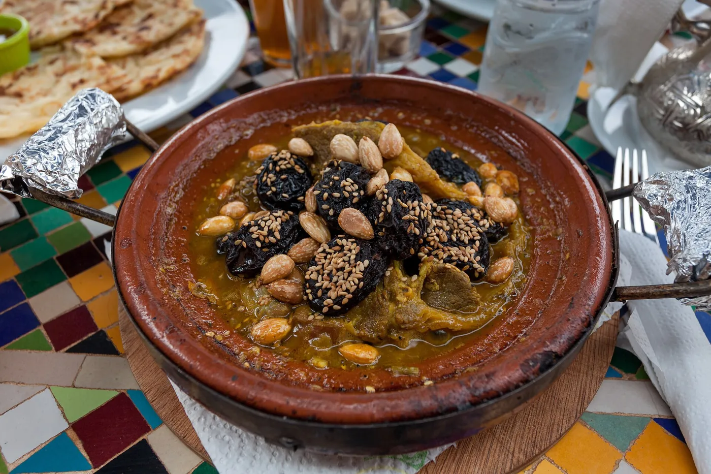 Moroccan meat tagine served in a traditional clay tajine dish