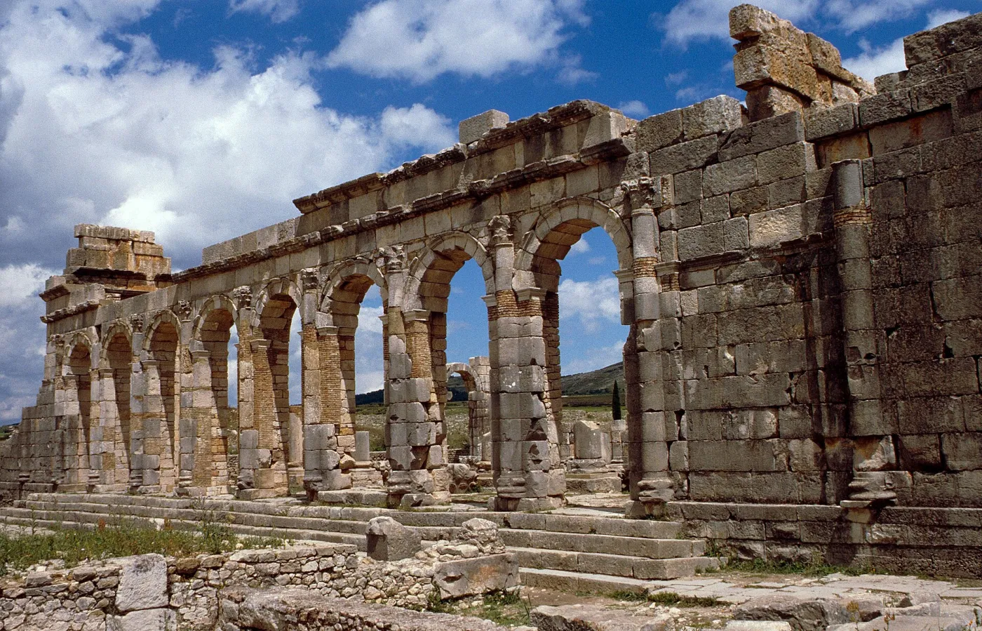 Roman columns and the ruined basilica of Volubilis under a clear blue sky with green spring fields behind